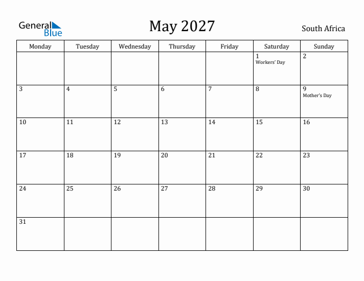 May 2027 Calendar South Africa