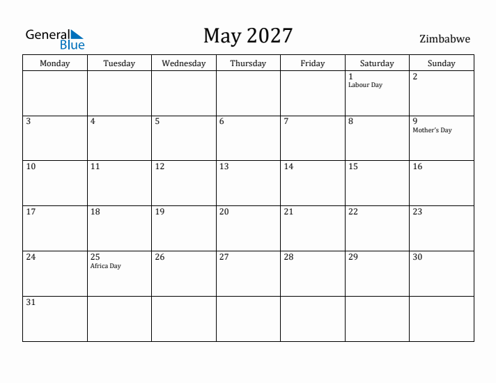 May 2027 Calendar Zimbabwe