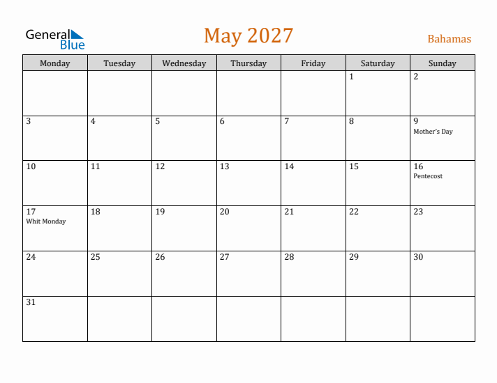 May 2027 Holiday Calendar with Monday Start