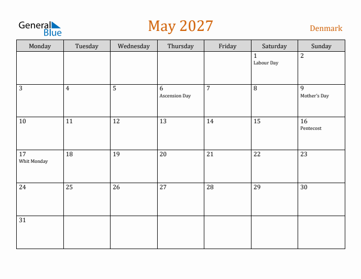 May 2027 Holiday Calendar with Monday Start