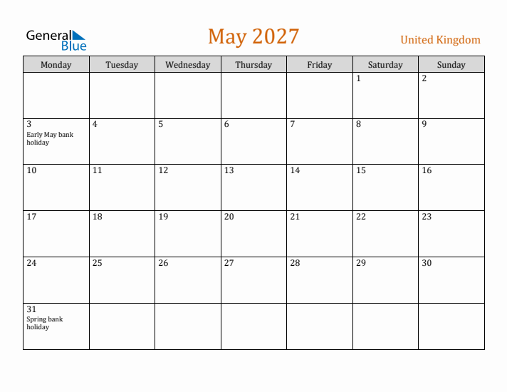 May 2027 Holiday Calendar with Monday Start