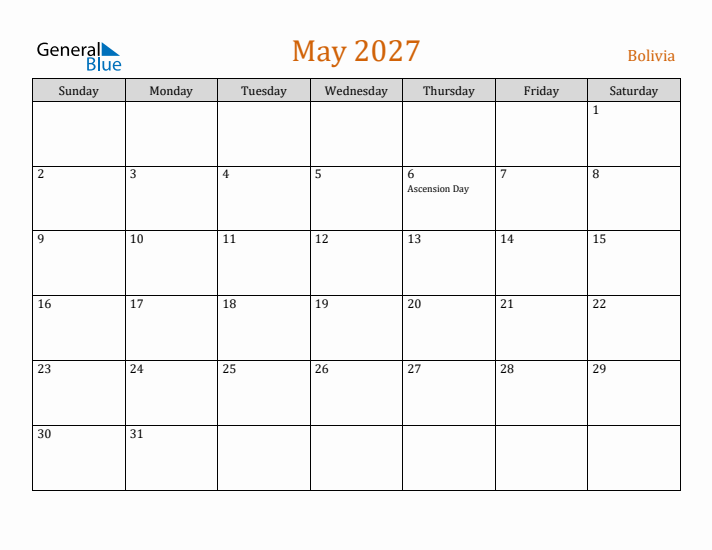 May 2027 Holiday Calendar with Sunday Start