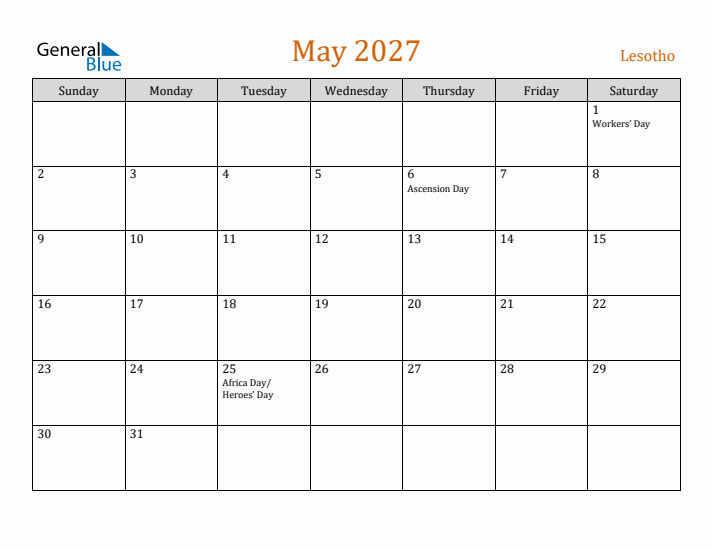 May 2027 Holiday Calendar with Sunday Start