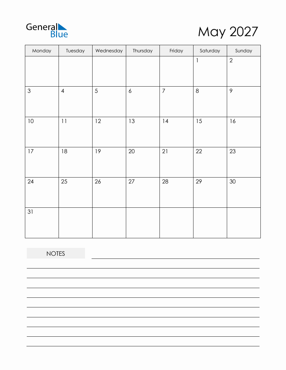 May 2027 Monthly Planner Calendar