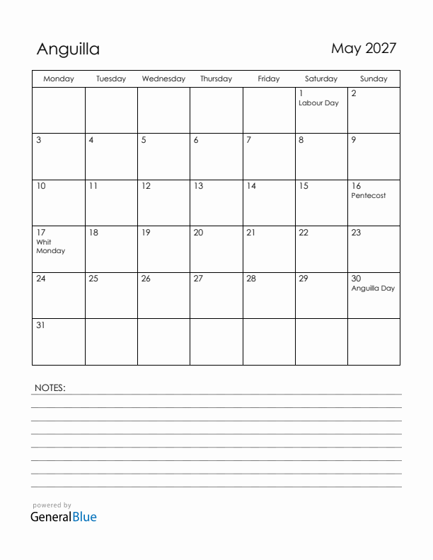 May 2027 Anguilla Calendar with Holidays (Monday Start)