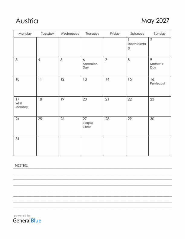 May 2027 Austria Calendar with Holidays (Monday Start)