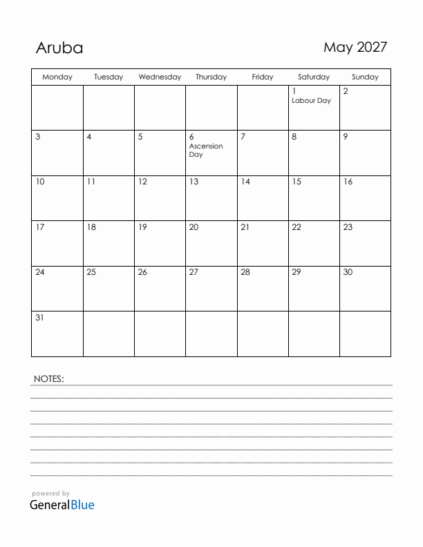 May 2027 Aruba Calendar with Holidays (Monday Start)