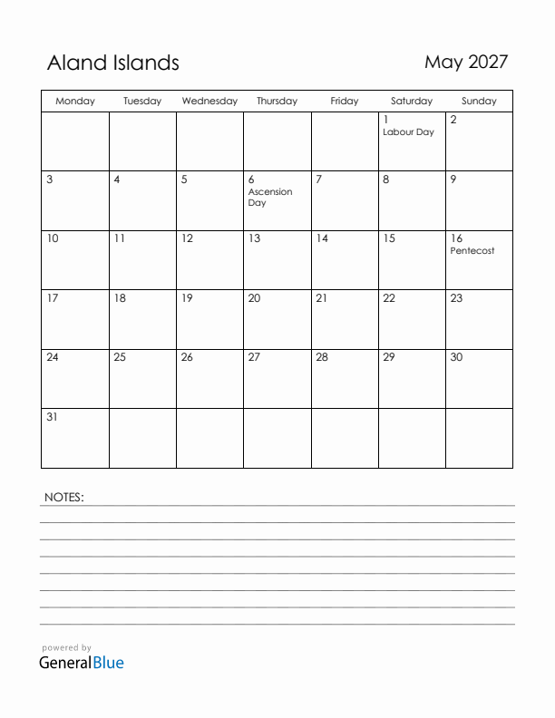 May 2027 Aland Islands Calendar with Holidays (Monday Start)