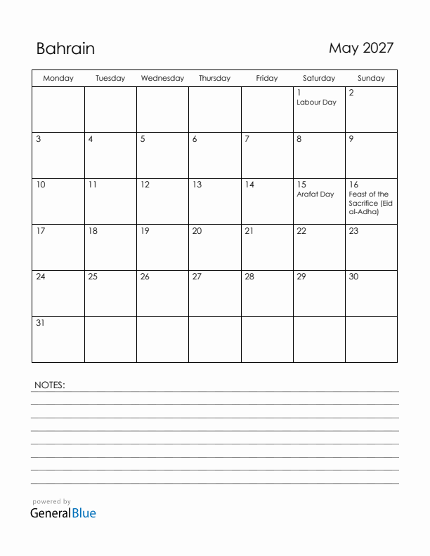 May 2027 Bahrain Calendar with Holidays (Monday Start)