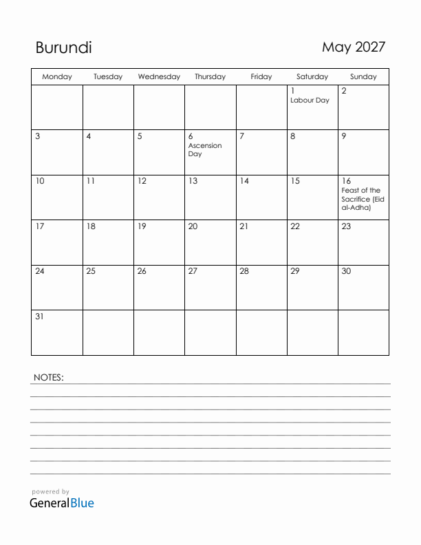 May 2027 Burundi Calendar with Holidays (Monday Start)