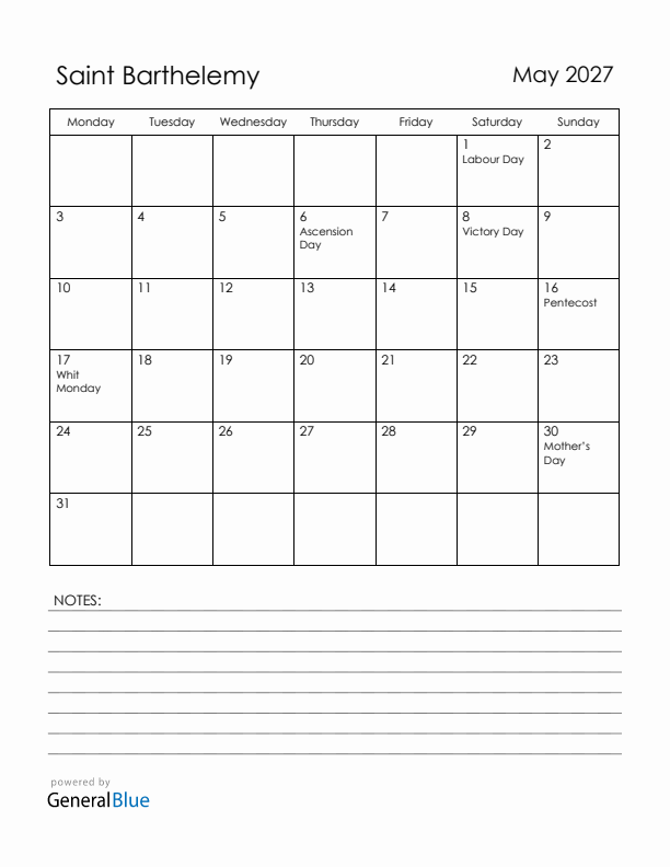 May 2027 Saint Barthelemy Calendar with Holidays (Monday Start)