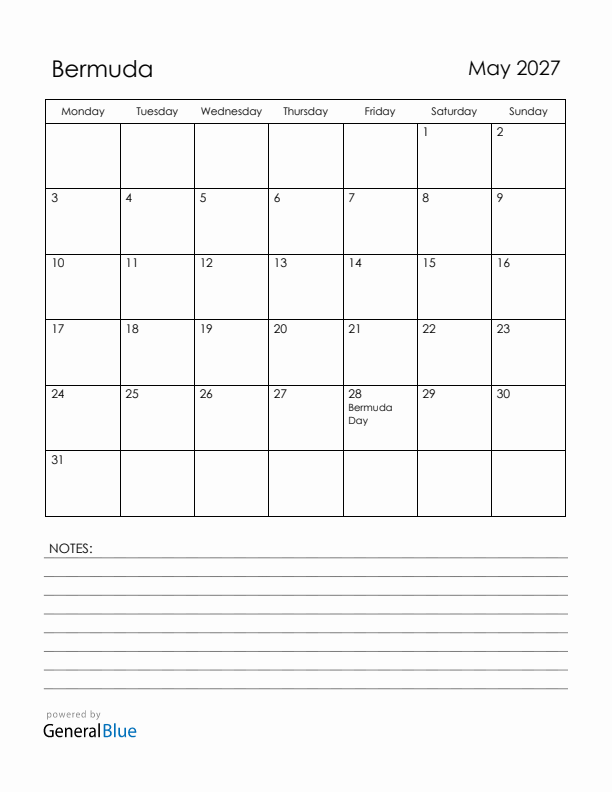 May 2027 Bermuda Calendar with Holidays (Monday Start)