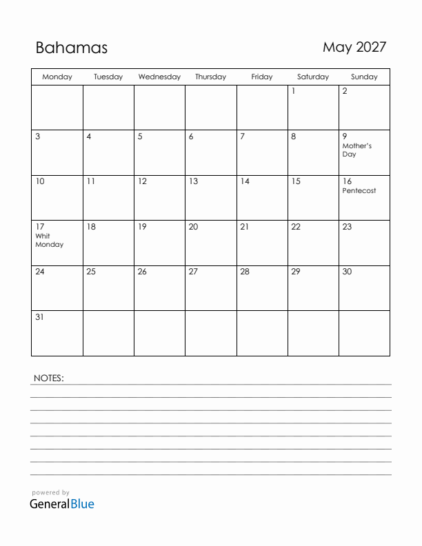 May 2027 Bahamas Calendar with Holidays (Monday Start)