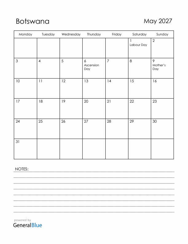 May 2027 Botswana Calendar with Holidays (Monday Start)