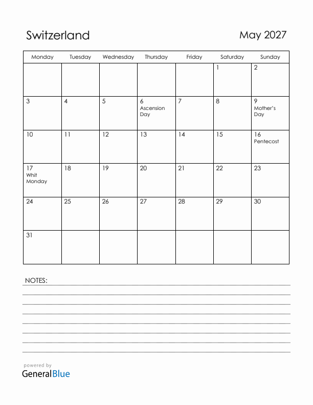 May 2027 Switzerland Calendar with Holidays (Monday Start)