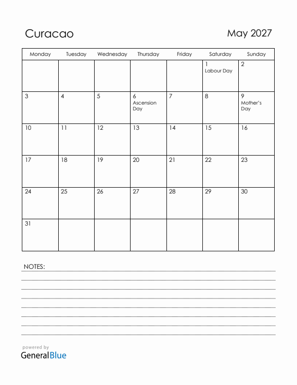 May 2027 Curacao Calendar with Holidays (Monday Start)