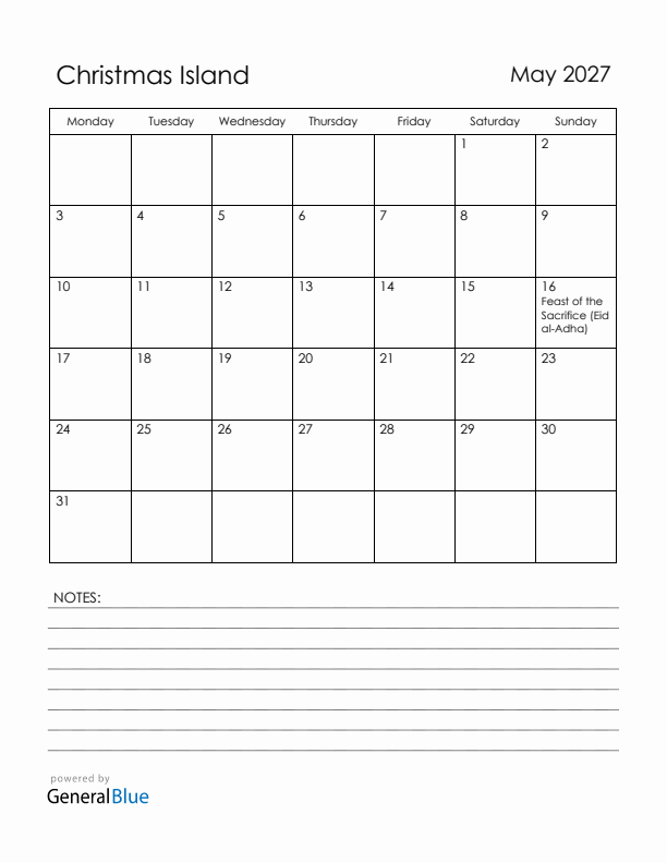 May 2027 Christmas Island Calendar with Holidays (Monday Start)
