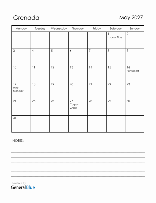 May 2027 Grenada Calendar with Holidays (Monday Start)