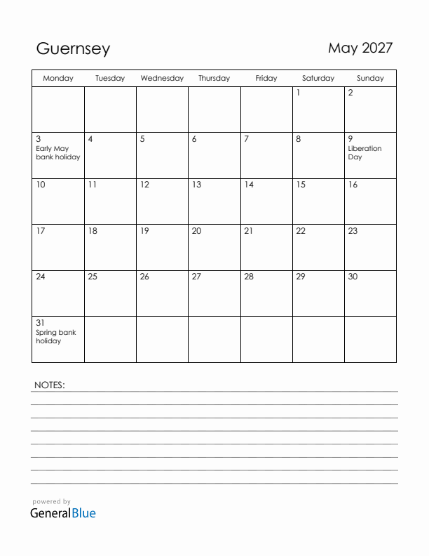 May 2027 Guernsey Calendar with Holidays (Monday Start)