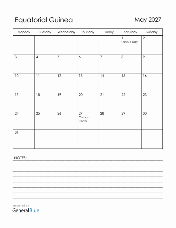 May 2027 Equatorial Guinea Calendar with Holidays (Monday Start)