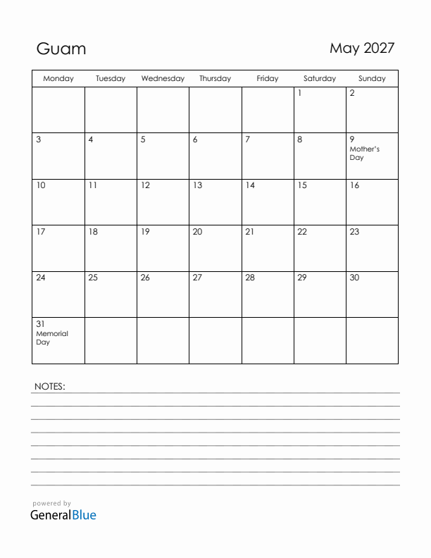 May 2027 Guam Calendar with Holidays (Monday Start)