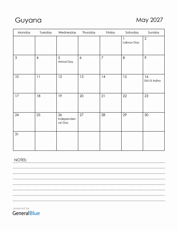 May 2027 Guyana Calendar with Holidays (Monday Start)