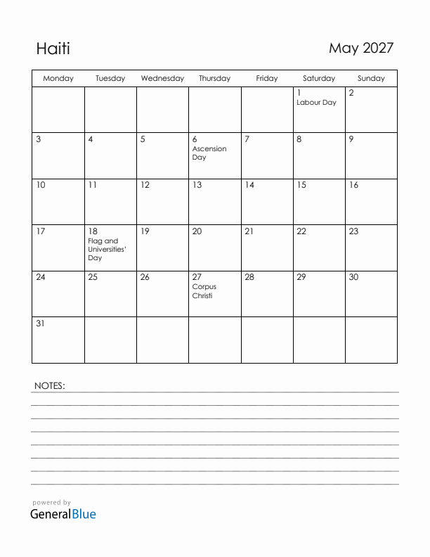 May 2027 Haiti Calendar with Holidays (Monday Start)