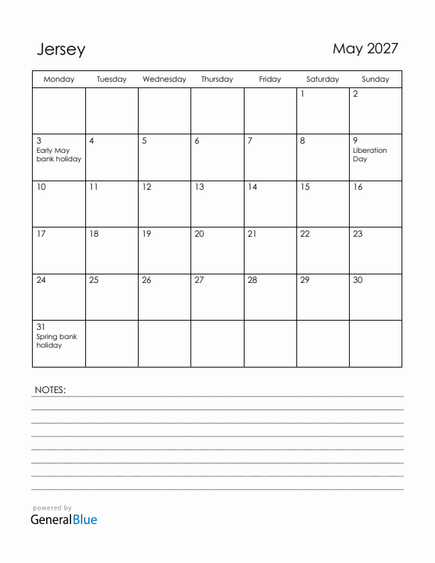 May 2027 Jersey Calendar with Holidays (Monday Start)