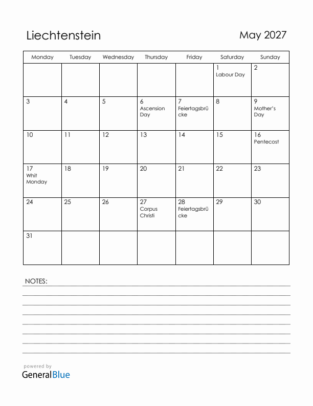 May 2027 Liechtenstein Calendar with Holidays (Monday Start)