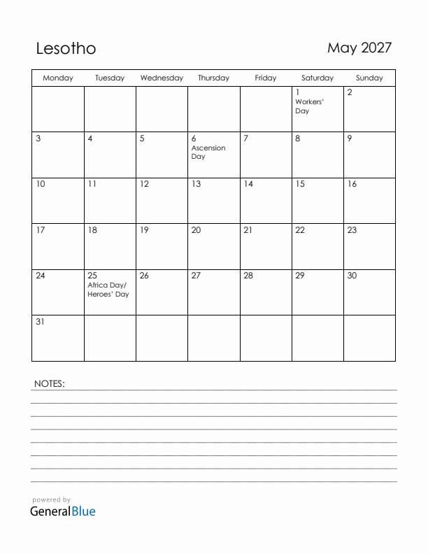 May 2027 Lesotho Calendar with Holidays (Monday Start)