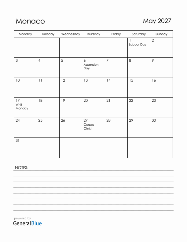 May 2027 Monaco Calendar with Holidays (Monday Start)