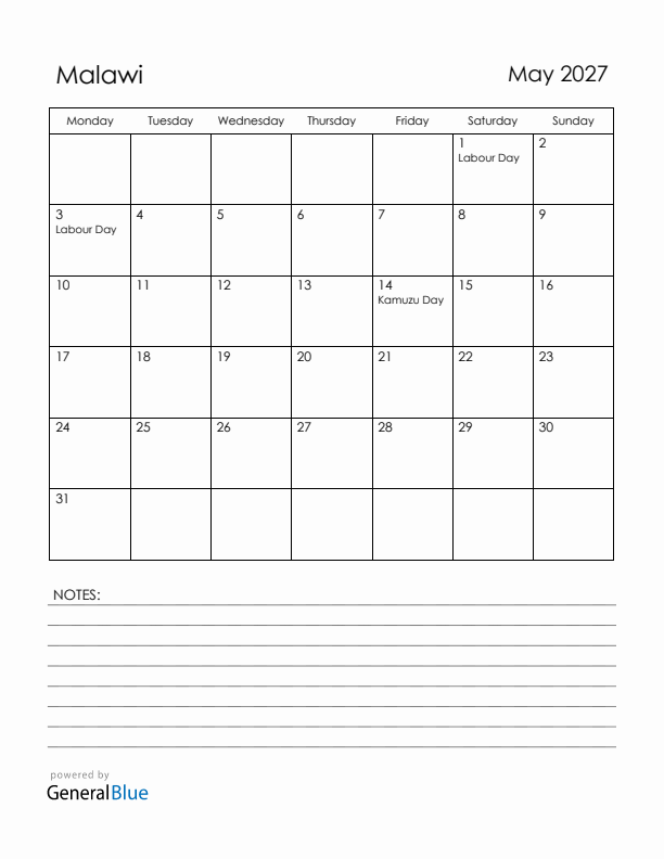 May 2027 Malawi Calendar with Holidays (Monday Start)