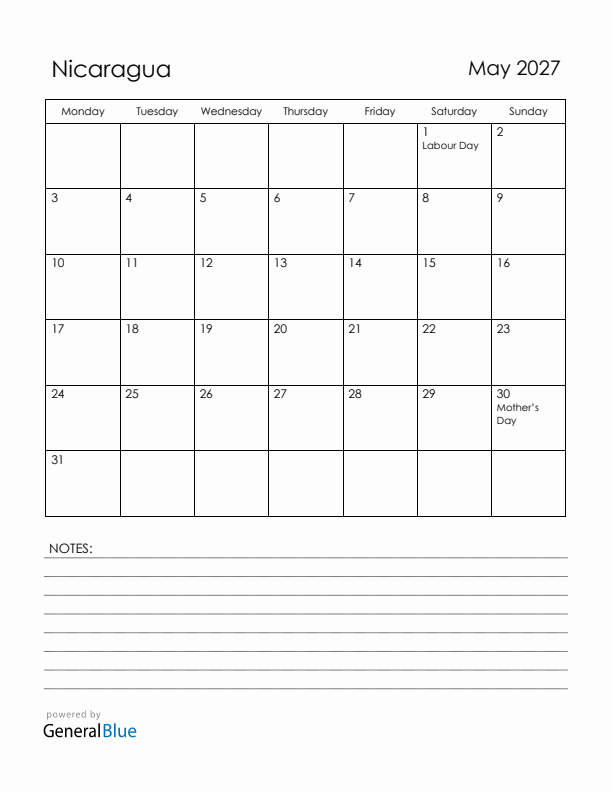 May 2027 Nicaragua Calendar with Holidays (Monday Start)