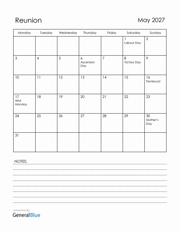 May 2027 Reunion Calendar with Holidays (Monday Start)