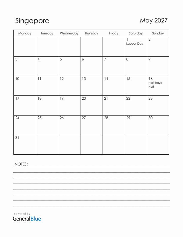 May 2027 Singapore Calendar with Holidays (Monday Start)