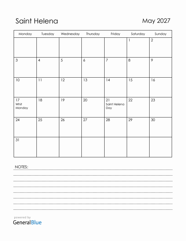 May 2027 Saint Helena Calendar with Holidays (Monday Start)