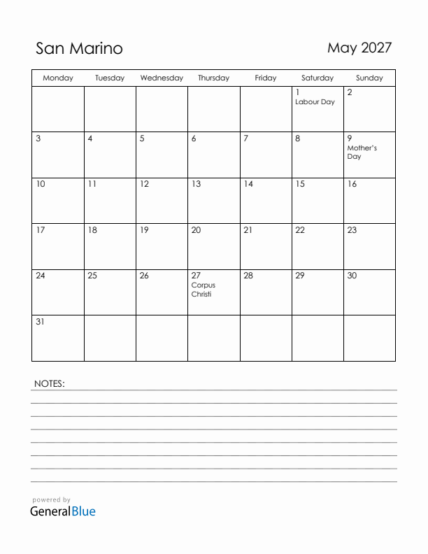May 2027 San Marino Calendar with Holidays (Monday Start)