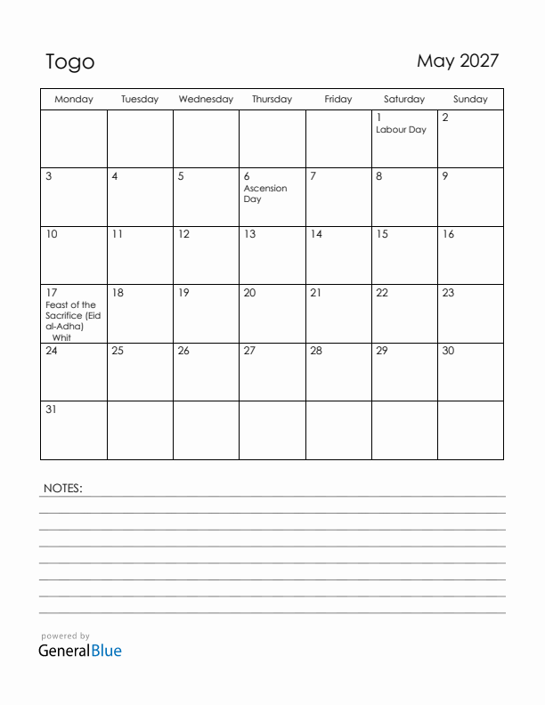 May 2027 Togo Calendar with Holidays (Monday Start)