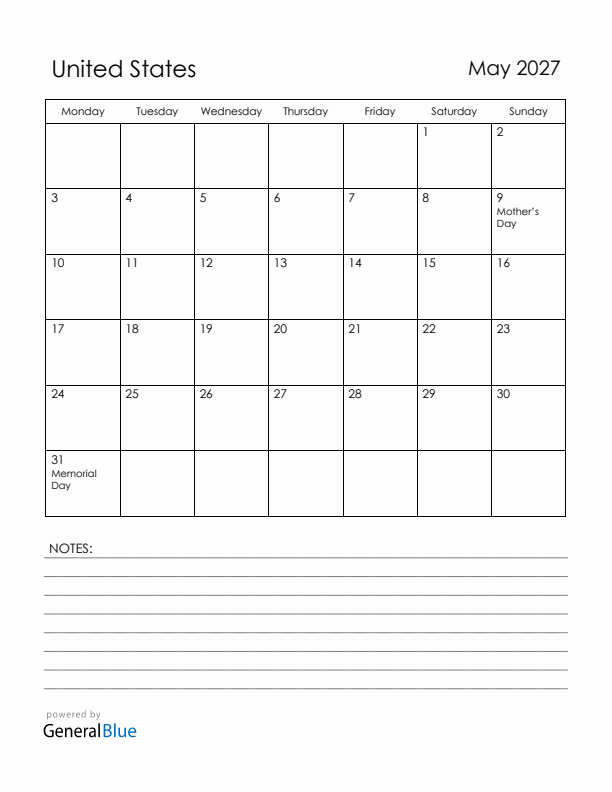 May 2027 United States Calendar with Holidays (Monday Start)