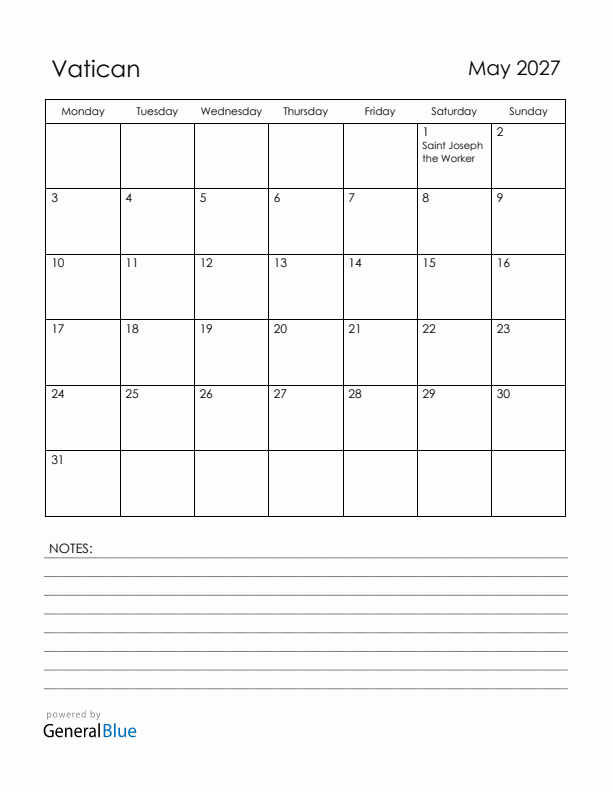 May 2027 Vatican Calendar with Holidays (Monday Start)