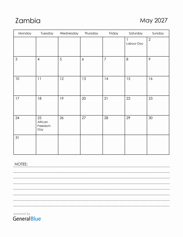May 2027 Zambia Calendar with Holidays (Monday Start)