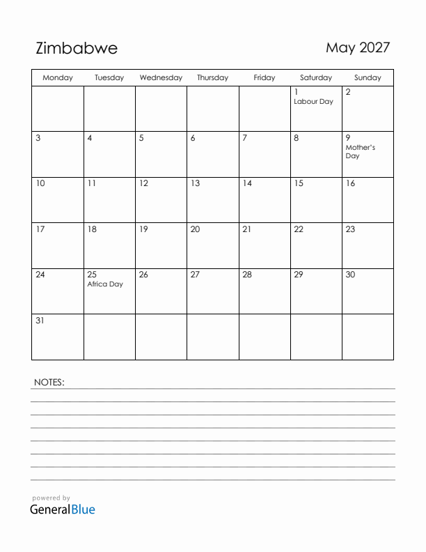 May 2027 Zimbabwe Calendar with Holidays (Monday Start)