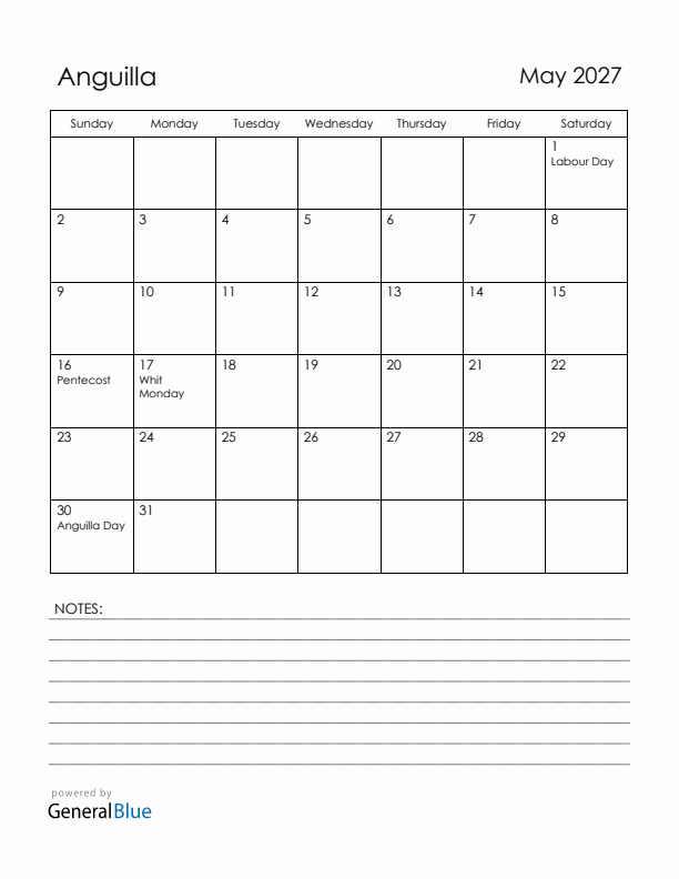 May 2027 Anguilla Calendar with Holidays (Sunday Start)