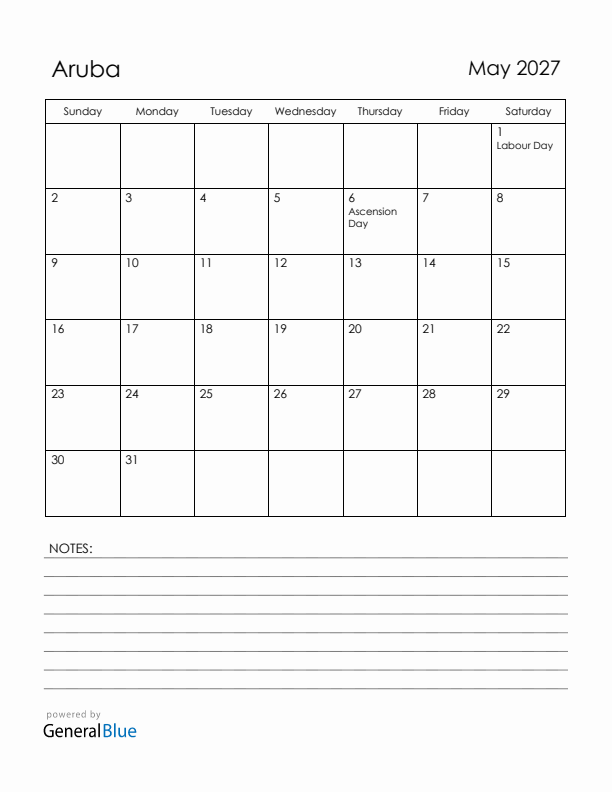 May 2027 Aruba Calendar with Holidays (Sunday Start)
