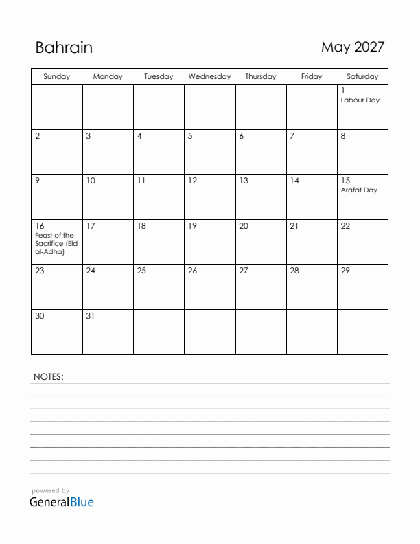 May 2027 Bahrain Calendar with Holidays (Sunday Start)