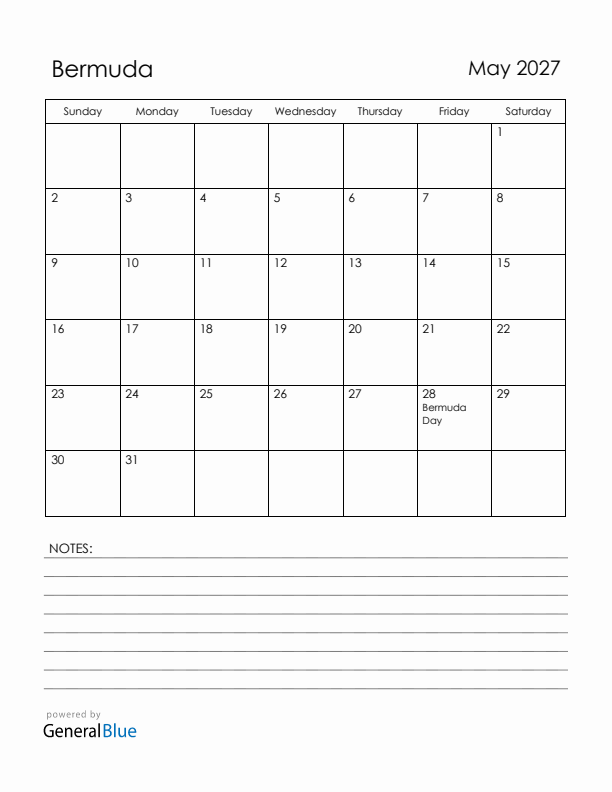 May 2027 Bermuda Calendar with Holidays (Sunday Start)
