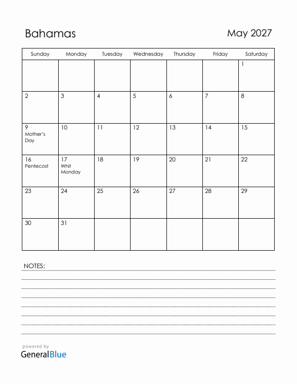 May 2027 Bahamas Calendar with Holidays (Sunday Start)