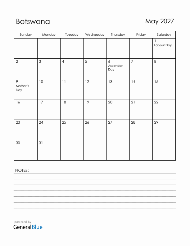 May 2027 Botswana Calendar with Holidays (Sunday Start)