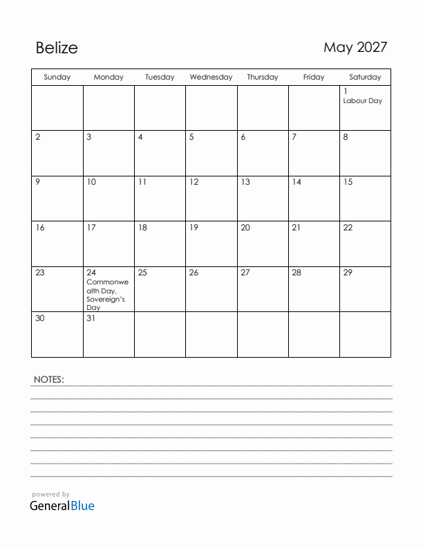 May 2027 Belize Calendar with Holidays (Sunday Start)