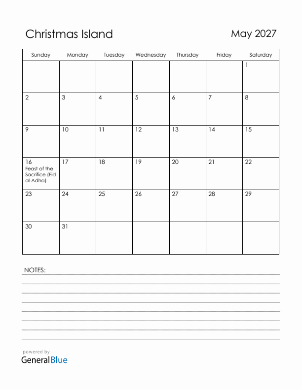 May 2027 Christmas Island Calendar with Holidays (Sunday Start)